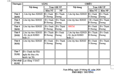 LỊCH CÔNG TÁC TUẦN 20 (Từ ngày 26/01/2026- 01/02/2026)